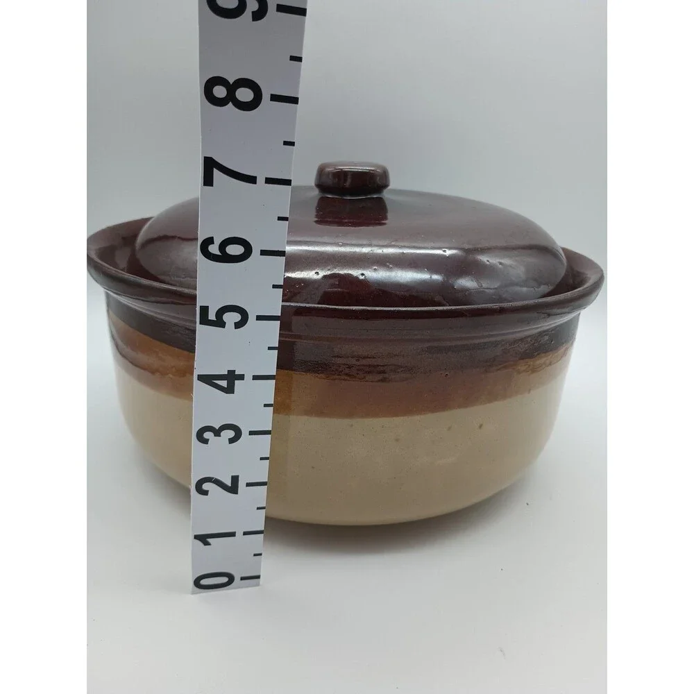 Vintage Stoneware Two-tone Brown Bean Pot 12-in Extra Large Lid